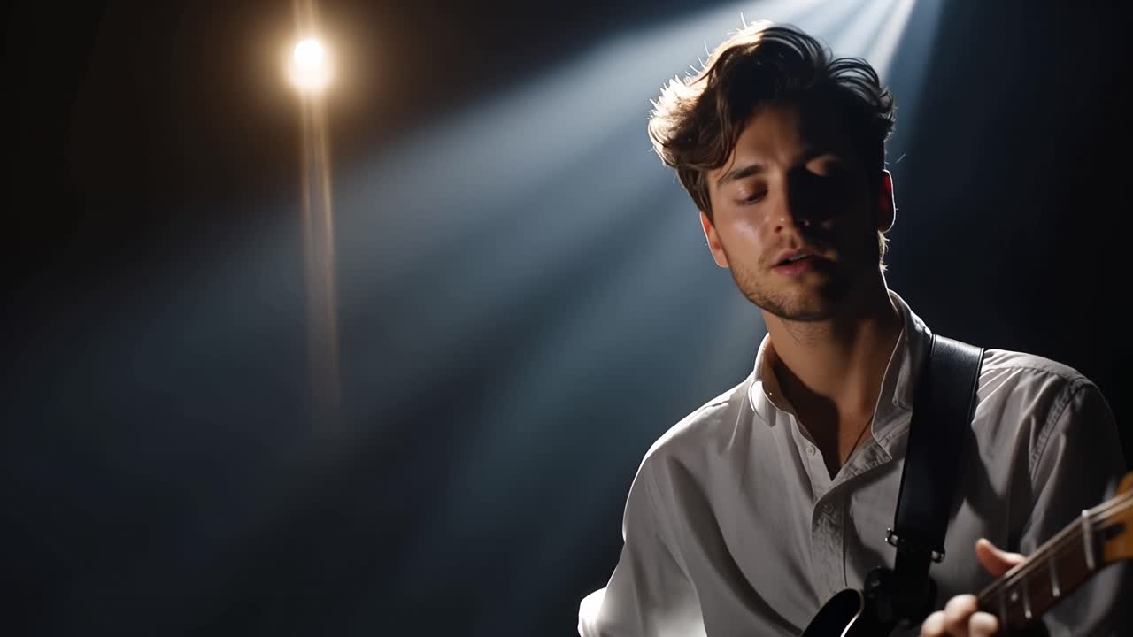 Spot Işığı Altında Sahnede Tutkuyla Elektro Gitar Çalan Genç Adam