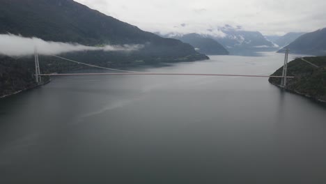 a scenic view of hardanger bridge over a fjord