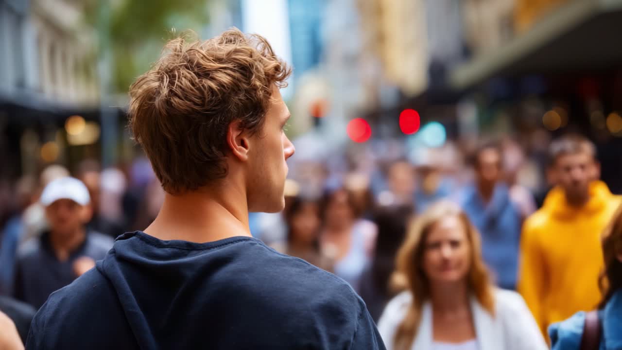 Un giovane uomo riflessivo si trova al margine di una strada trafficata, osservando la folla vivace di persone che si muovono in un ambiente urbano dinamico