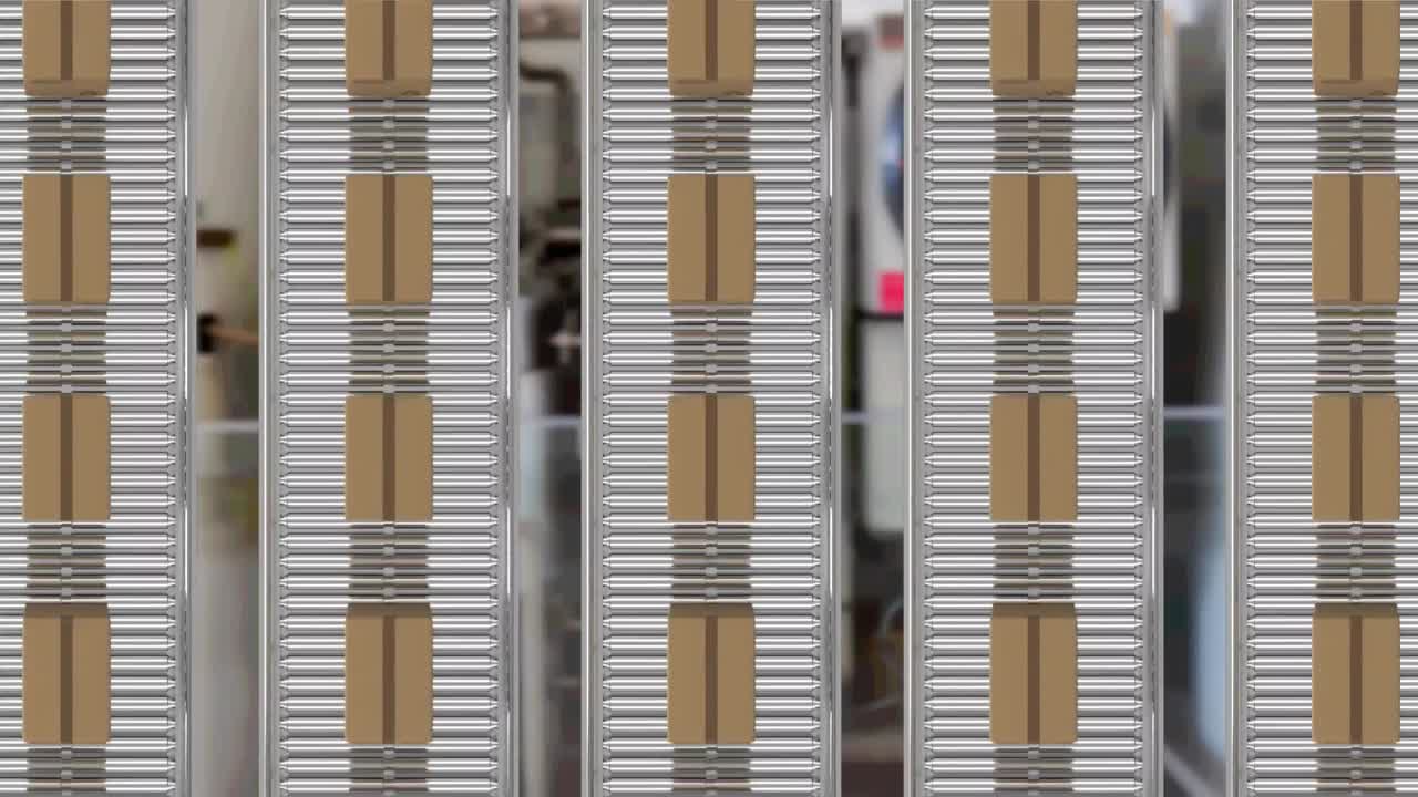 컨베이어 벨트에 있는 여러 배달 상자의 상상식의 디지털 애니메이션