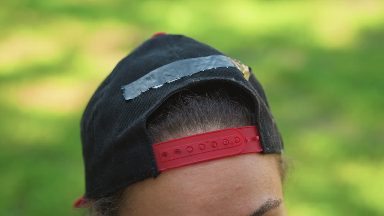 Youth capturing outdoors, Customizing cap carefully before training in park setting, Teenager adjusts headgear outdoors with detailed focus before engaging in park training activities