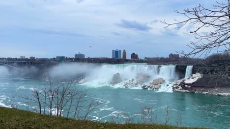 slow motion niagara falls waterfall wide of american side overcast day