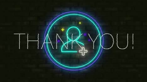 digital animation of thank you text over neon green add friend on round banner against brick wall