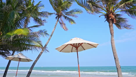 two isolated white sun umbrellas on tropical exotic beach with palm trees and sea in background