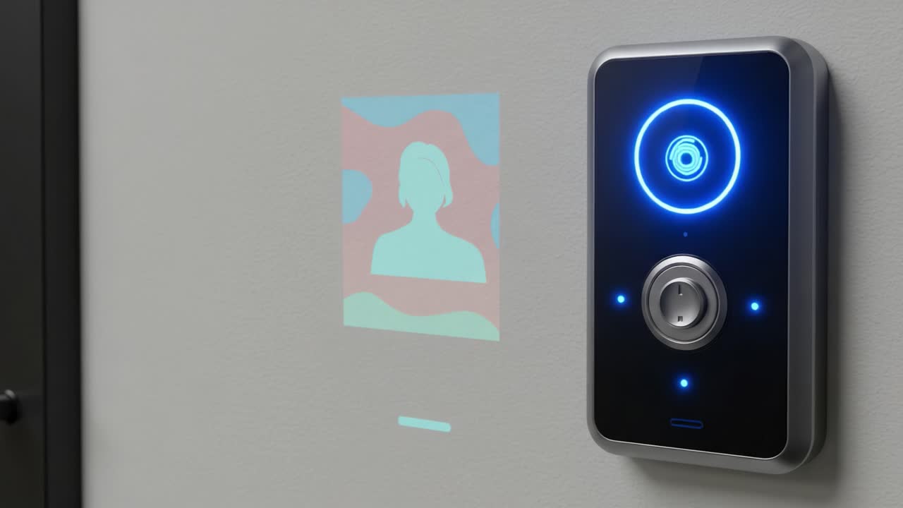 A Modern Smart Security Device Featuring a User Interface and Image Projection, Highlighting Advanced Technology in Home Automation Systems