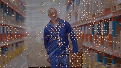 animación de la red de conexiones sobre un trabajador caucásico en un almacén