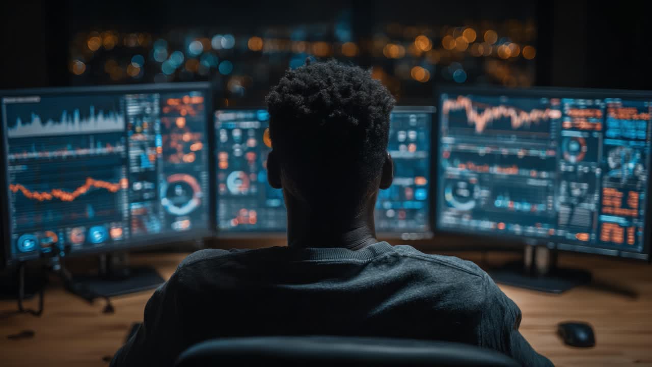 A Data Analyst Analyzing Stock Market Trends in a Dark Room Surrounded by Multiple Monitors Displaying Financial Charts and Graphs at Night