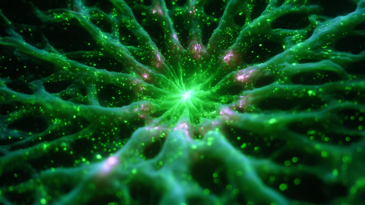 Eine faszinierende Nahaufnahme einer dynamischen, leuchtend grünen Netzwerkstruktur, die komplizierte Muster und pulsierende Energie zeigt und so ein fesselndes visuelles Erlebnis von fraktaler Schönheit und Tiefe schafft.