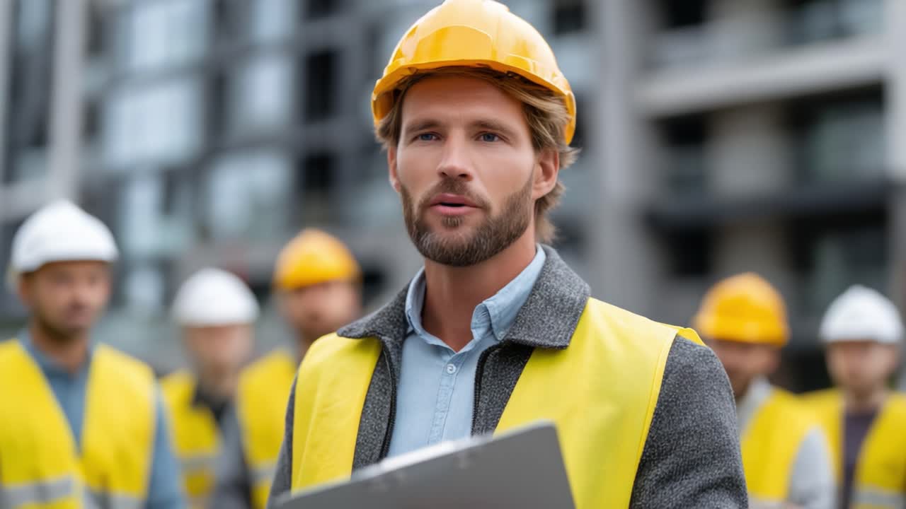 A Construction Supervisor Engaging Team Members: Leadership in Action on the Building Site with Workers in Safety Gear Discussing Project Details