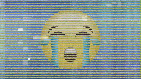 digital animation of tv static effect over crying face emoji against blue background