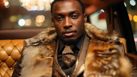 a man in a fur coat sitting in a car