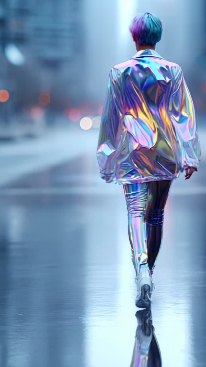A Stylish Individual in Shimmering Metallic Attire Walks Confidently Down a Reflective Urban Street, Surrounded by Soft City Lights on a Misty Evening