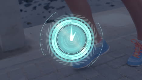 animación de las piernas de una persona corriendo con escaneo de alcance y reloj moviéndose rápidamente