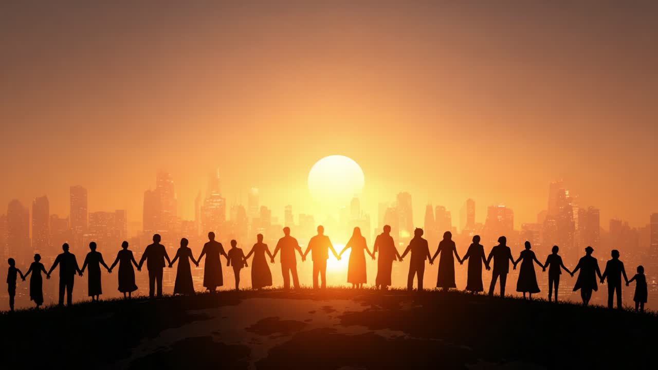A united group of diverse people standing hand-in-hand on a hill against a breathtaking sunset, symbolizing unity, togetherness, and hope for the future