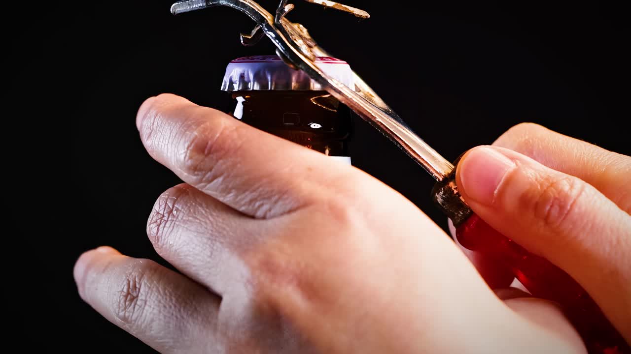 usando el abridor de mano para quitar la tapa de la botella de cerveza