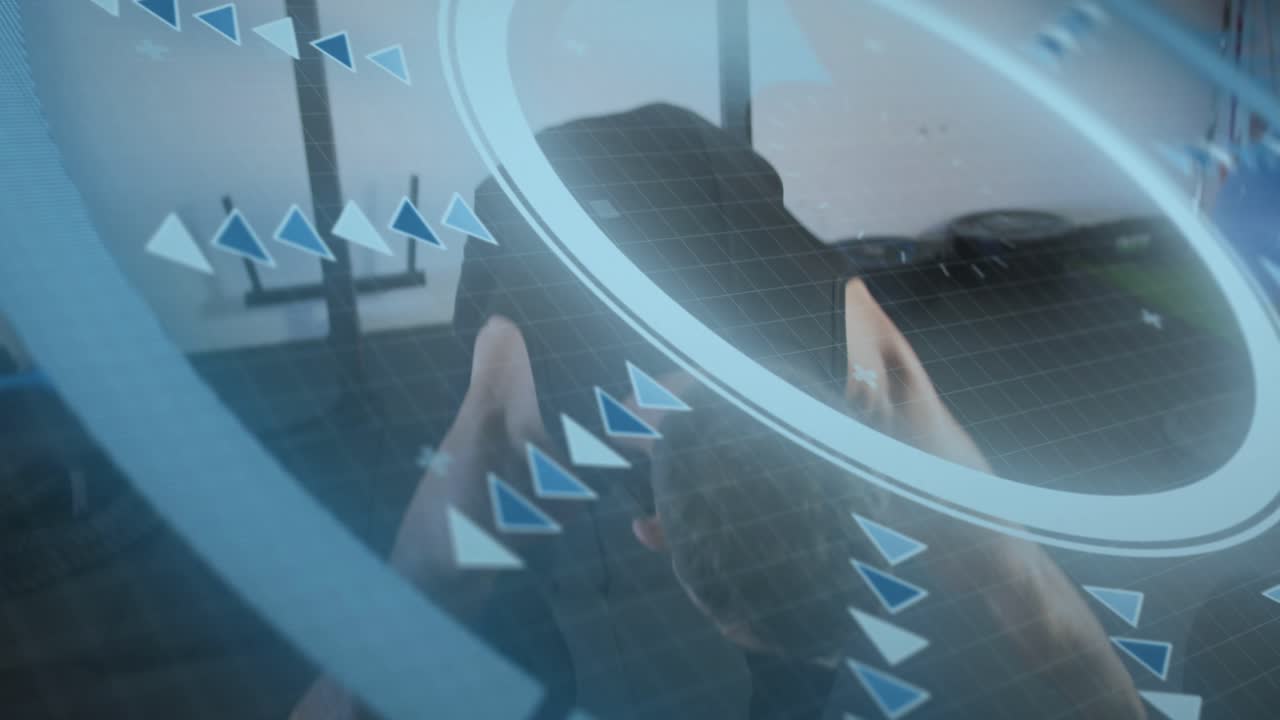 Male lifter bracing bar pressing up lowering leaning for fitness blue HUD overlaying torso rotating