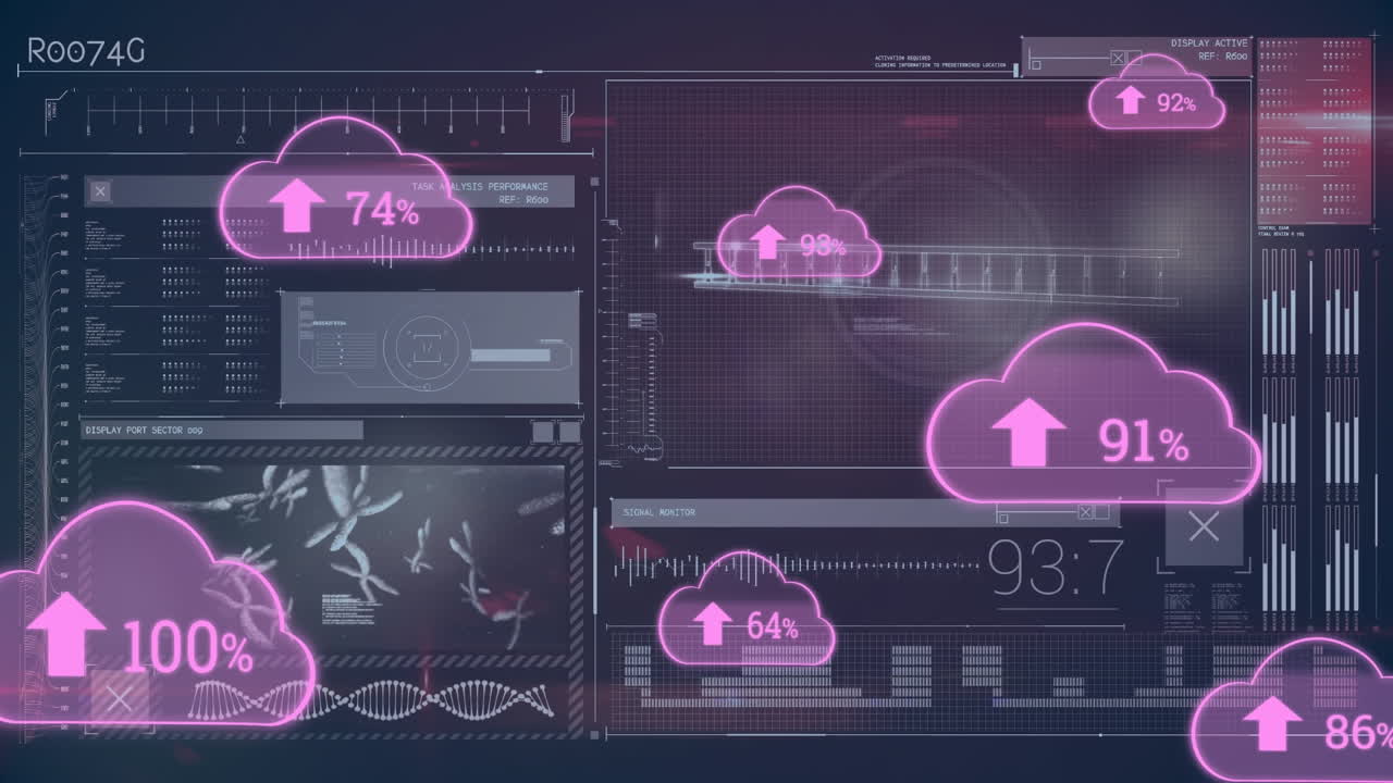 Animation of cloud icons and data processing over dark background