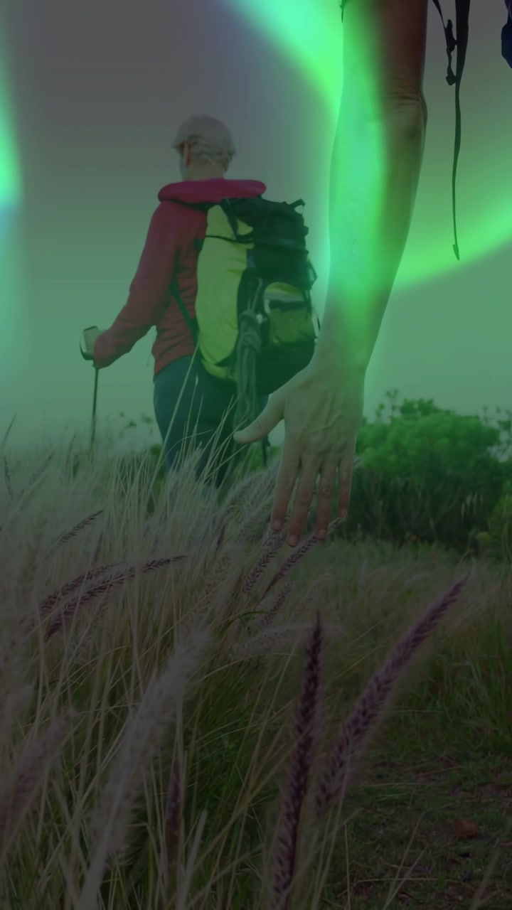 Vertical video: Lead hiker moving on recreation trail with pack, male entering causing green aurora
