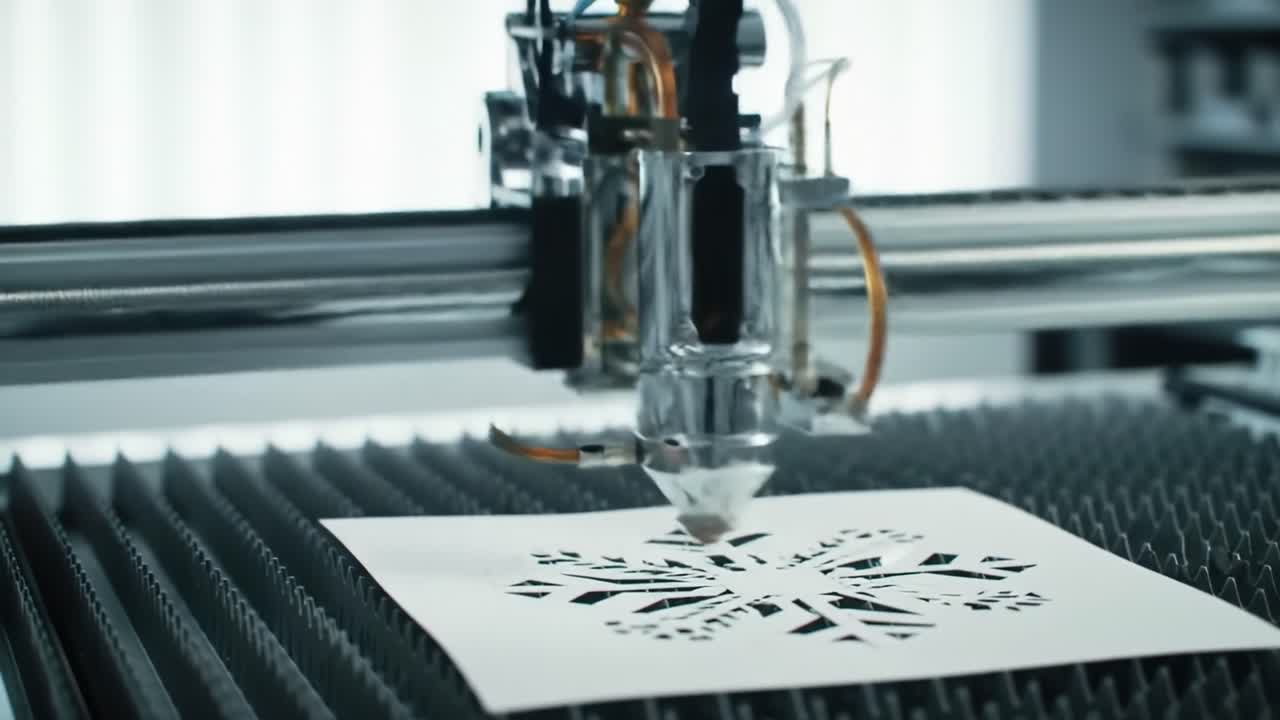 A laser cutter operates in a workshop, carefully crafting a detailed snowflake design on paper. The precise movement showcases the technology's capabilities in artistic creation.