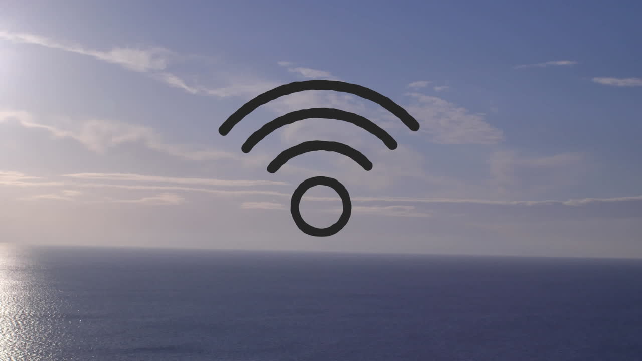 animación del icono digital wifi flotando sobre el mar y el cielo
