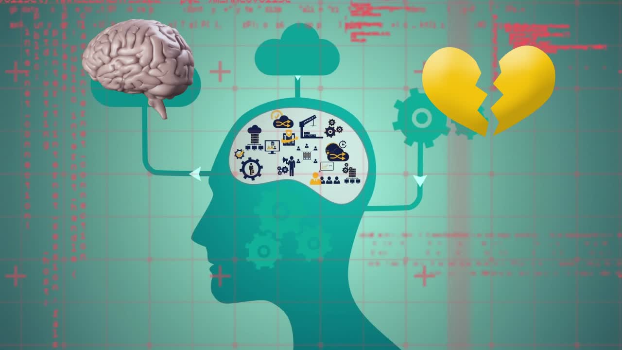 Animazione di cervello e cuore digitali su una testa con icone ed elaborazione dati