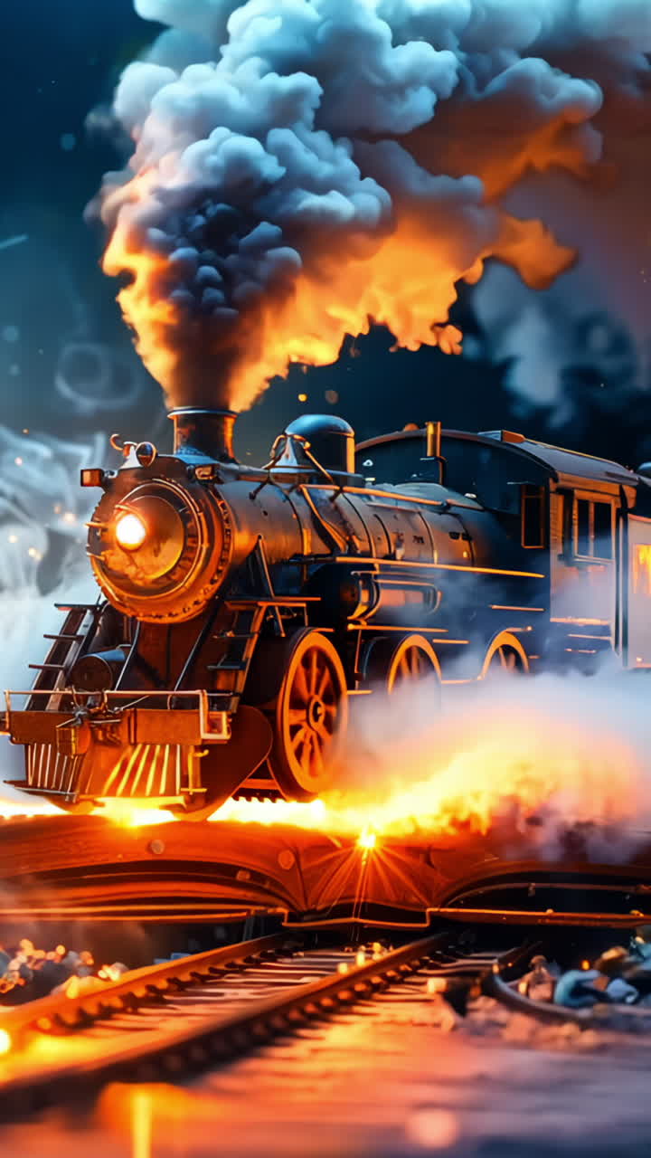 Train Emerging From an Open Book With Smoke and Flames at Night. A detailed steam train bursts from an open book, surrounded by swirling smoke and flames, creating a fantastical scene. Vertical video