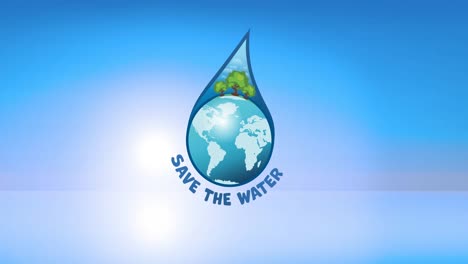 Animation-Des-Textes-„Save-The-Water“,-Mit-Globus-Und-Bäumen-Im-Wassertropfen-Auf-Blauem-Hintergrund