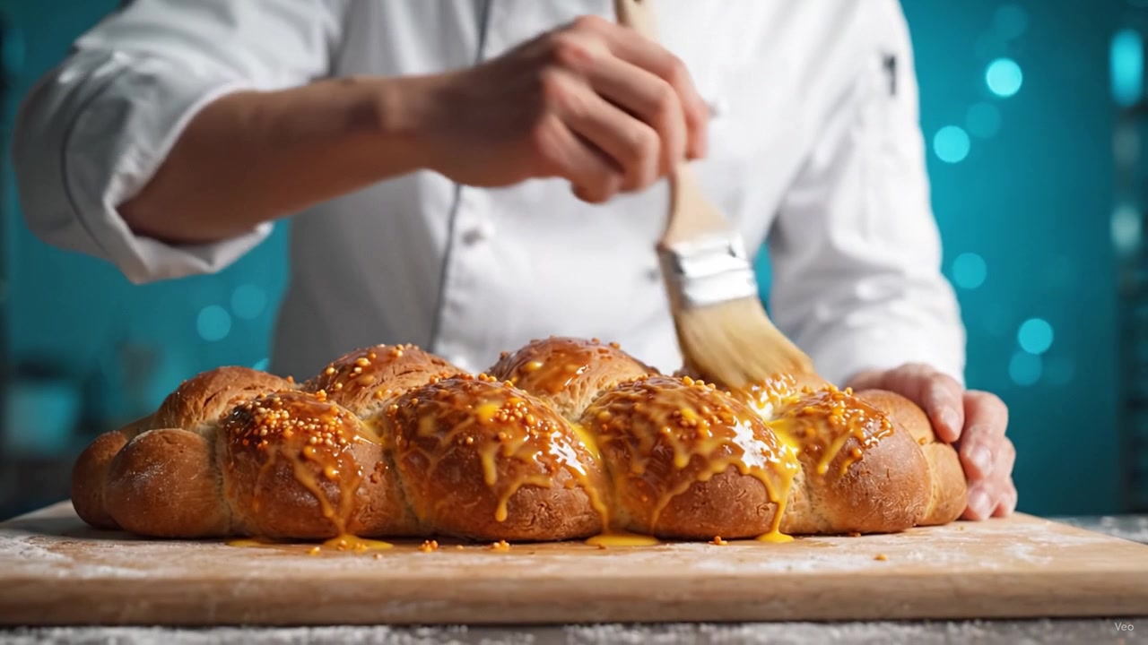 Un maestro panettiere applica la doratura all'uovo su pane appena sfornato in un ambiente cucina caldo e accogliente con uno sfondo blu luminoso per un'esperienza culinaria migliorata