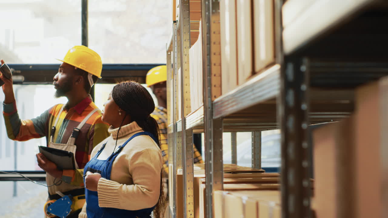 Warehouse workers inspecting inventory