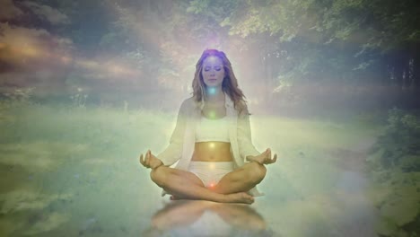 animation of glowing light over woman practicing yoga against trees in background