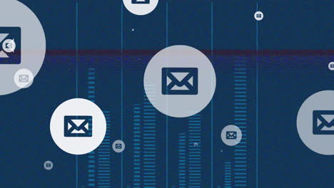 Animation of network of email icons over glitch on blue background