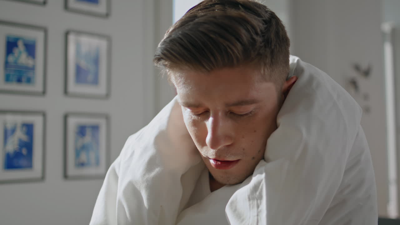 Happy boyfriend joking morning at home closeup. Carefree young couple having fun