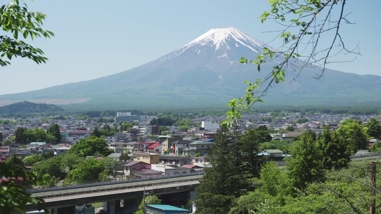 Panoramic establishing of Fujiyoshida with clear Mount Fuji in the background Yamanashi prefecture, Japan