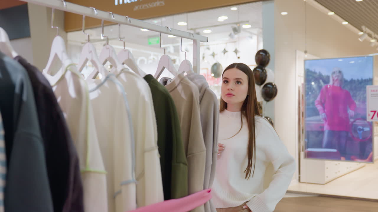 Lady with black handbag looking closely at clothes on rack in well-organized shopping mall, focus on her thoughtful expression while browsing retail items during shopping spree