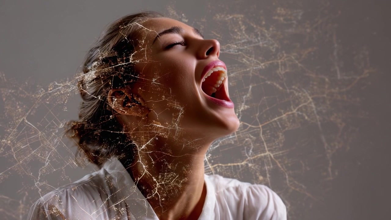 Una giovane donna che si esprime con passione, il viso illuminato da energia vibrante, simbolo di gioia e creatività, circondata da uno sfondo etereo.