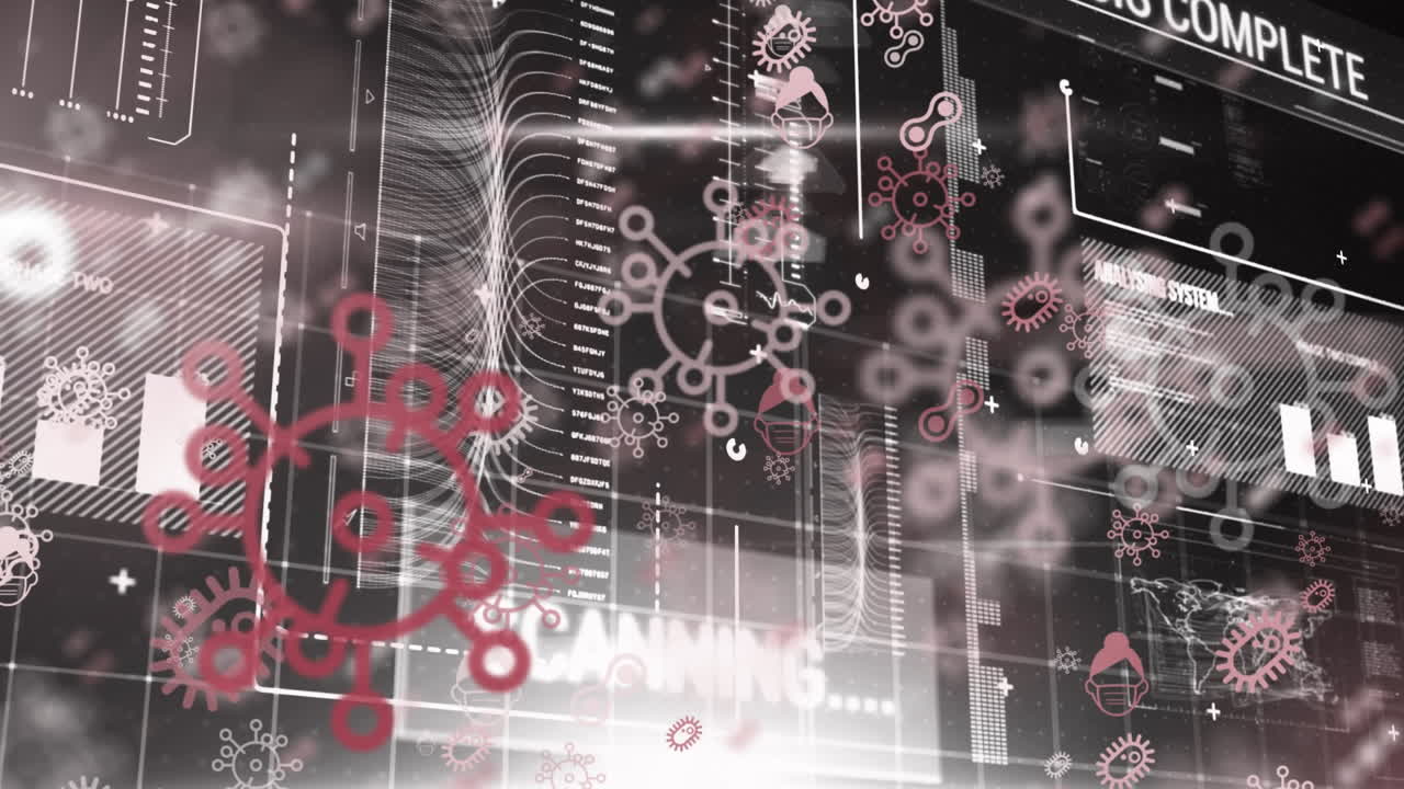 데이터 처리와 디지털 인터페이스를 통해 여러 코로나19 세포 아이콘의 디지털 애니메이션