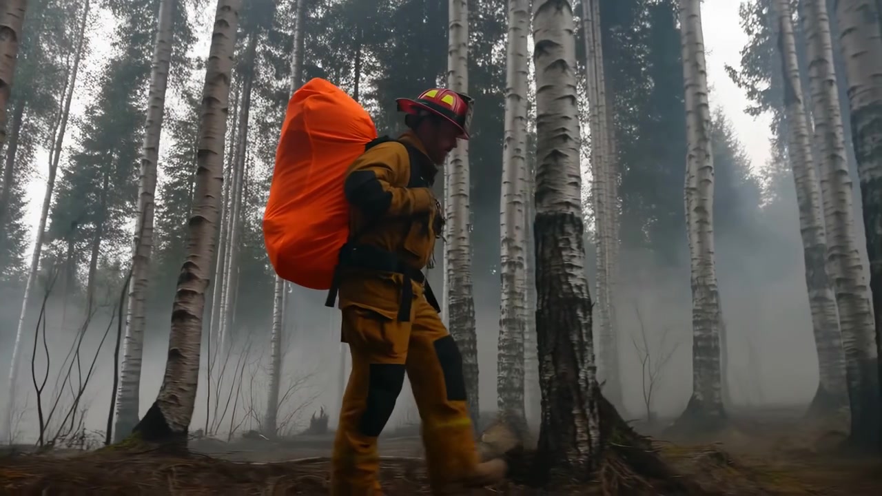 Pompiere che cammina attraverso una foresta nebbiosa di betulle, trasportando uno zaino arancione brillante e indossando casco e abbigliamento protettivo.