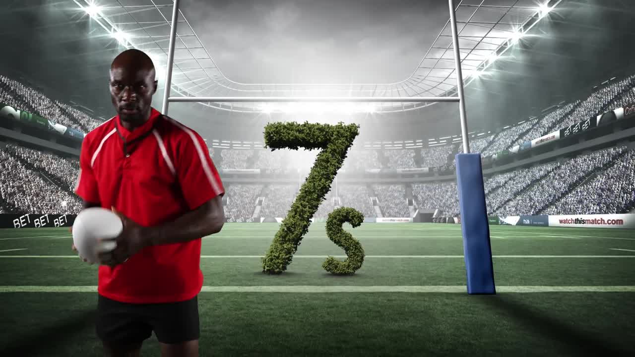 animación de un jugador de rugby afroamericano con texto de 7s en el estadio deportivo de rugby