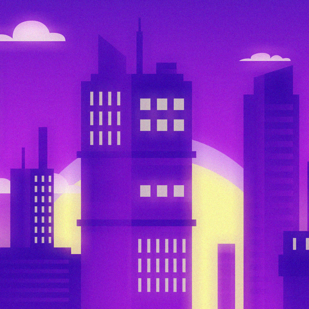 Skyline viola della città all'alba o al tramonto