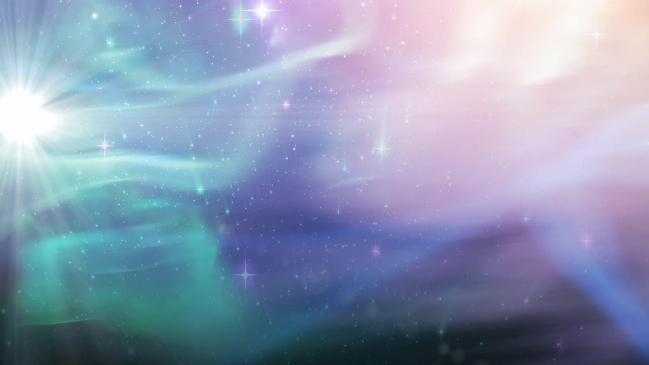 animación de estrellas brillantes en rastros de luz verde, rosa y púrpura en el universo