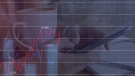 animación del procesamiento de datos financieros sobre una mujer caucásica que usa un teléfono inteligente
