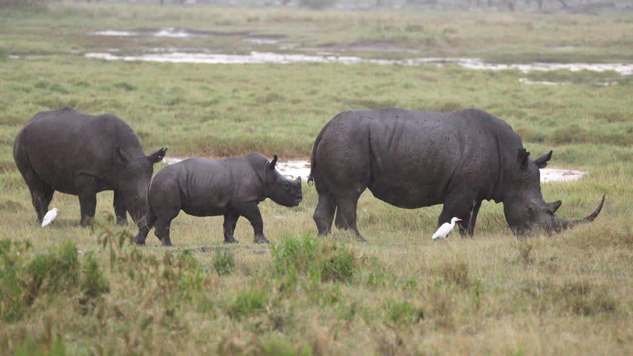 un grupo de rinocerontes negros que pastan en el parque nacional de aberdare, kenia, áfrica