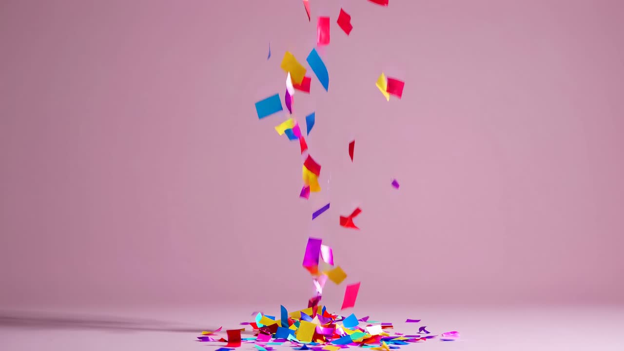 Coriandoli colorati cadono con grazia su uno sfondo rosa, ripresi con un'angolazione verticale.