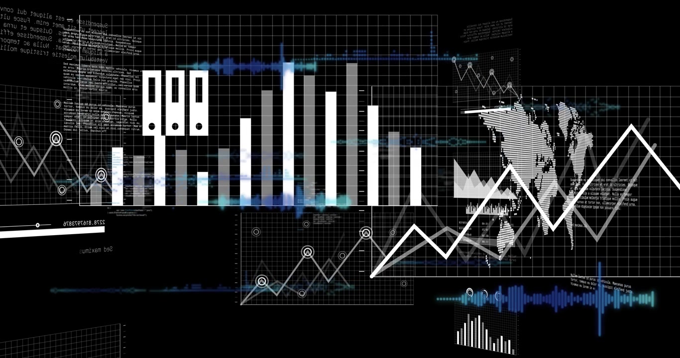 Cloud-laptop appearing, glyphs scaling and shifting into dense analytics HUD, waveforms sweeping