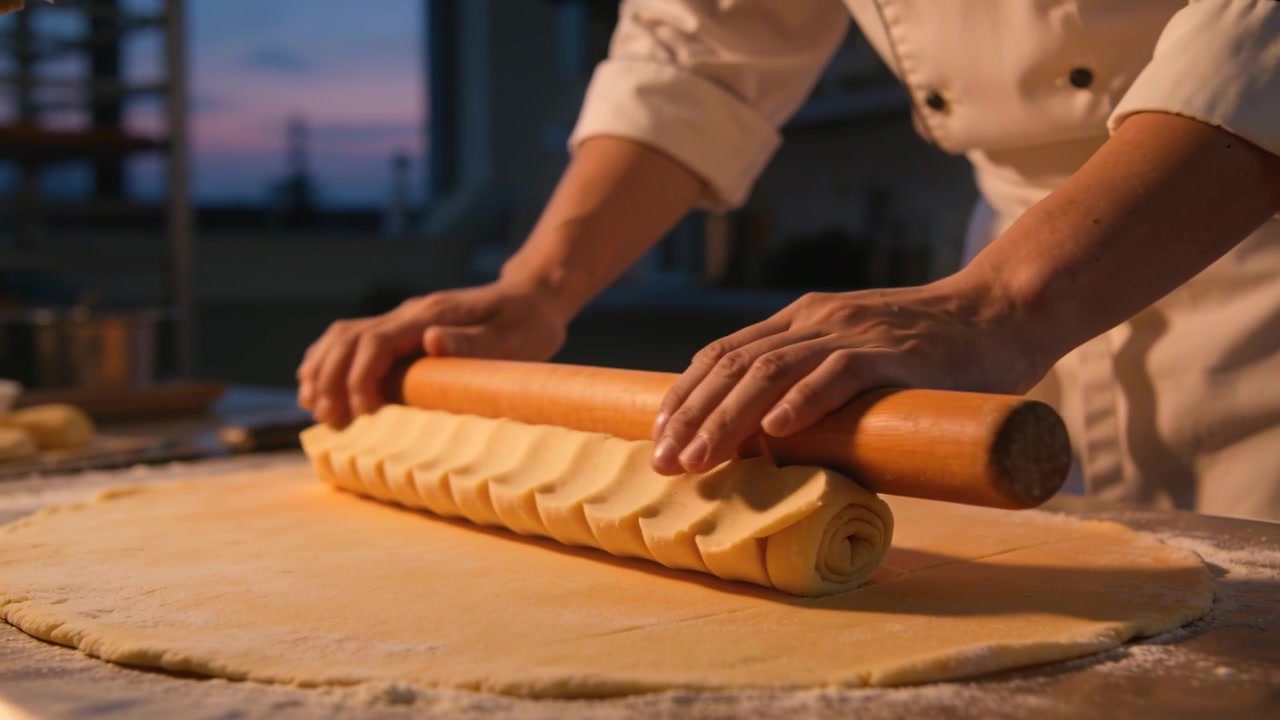 Bäckerhände in Jacke platzieren eine Teigrolle und drücken mit einem hölzernen Nudelholz auf einer bemehlten Arbeitsplatte, um die Ränder zu versiegeln.