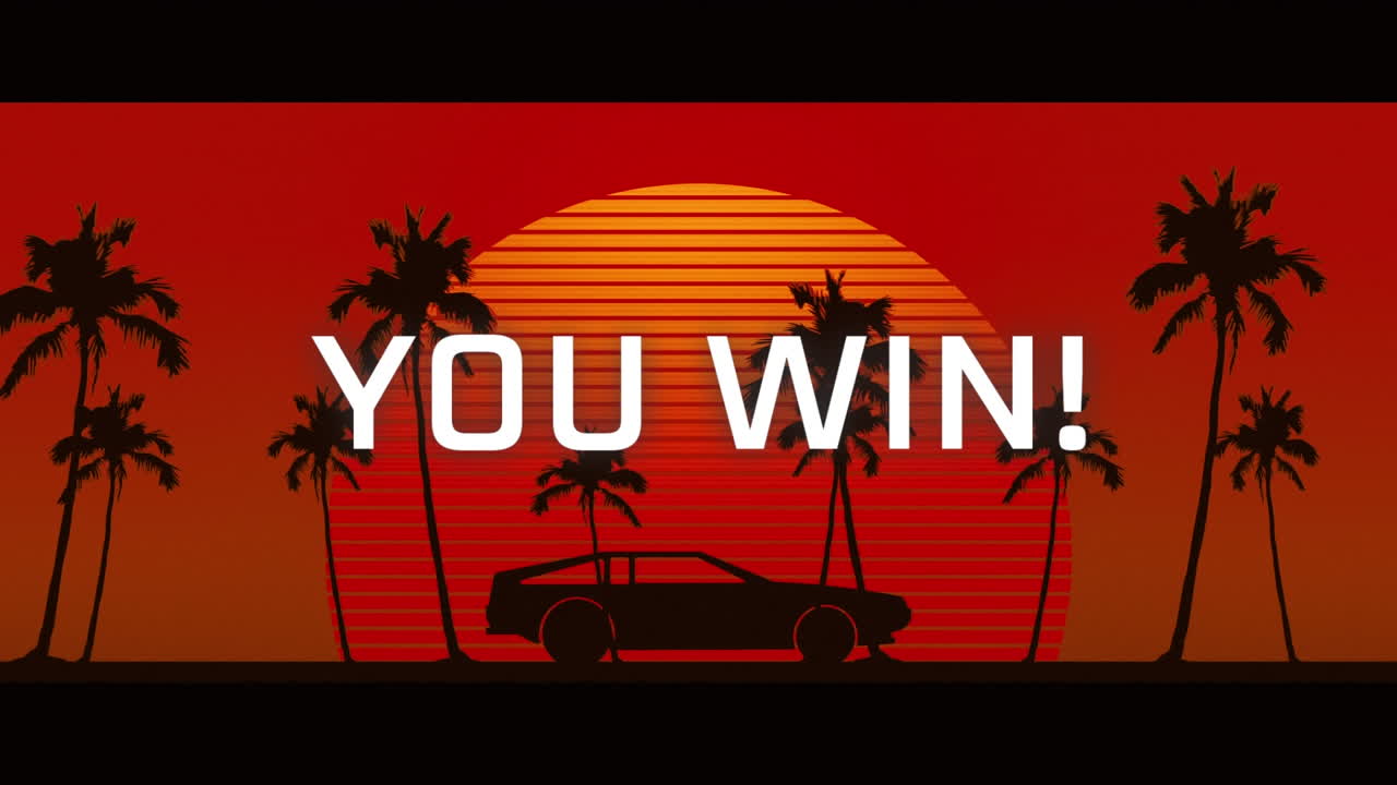 해가 지는 동안 자동차를 타고 문자를 이기는 애니메이션