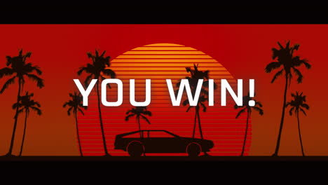 animation of you win text over a car riding during sunset