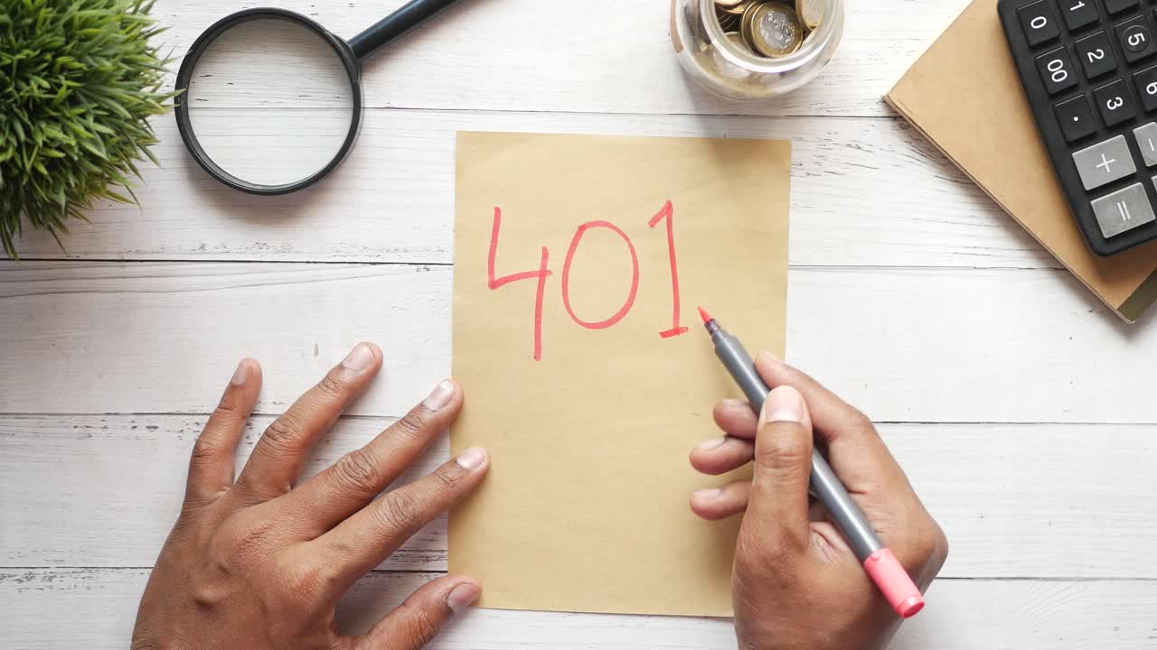 bloc de notas con la palabra 401k sobre un fondo blanco,