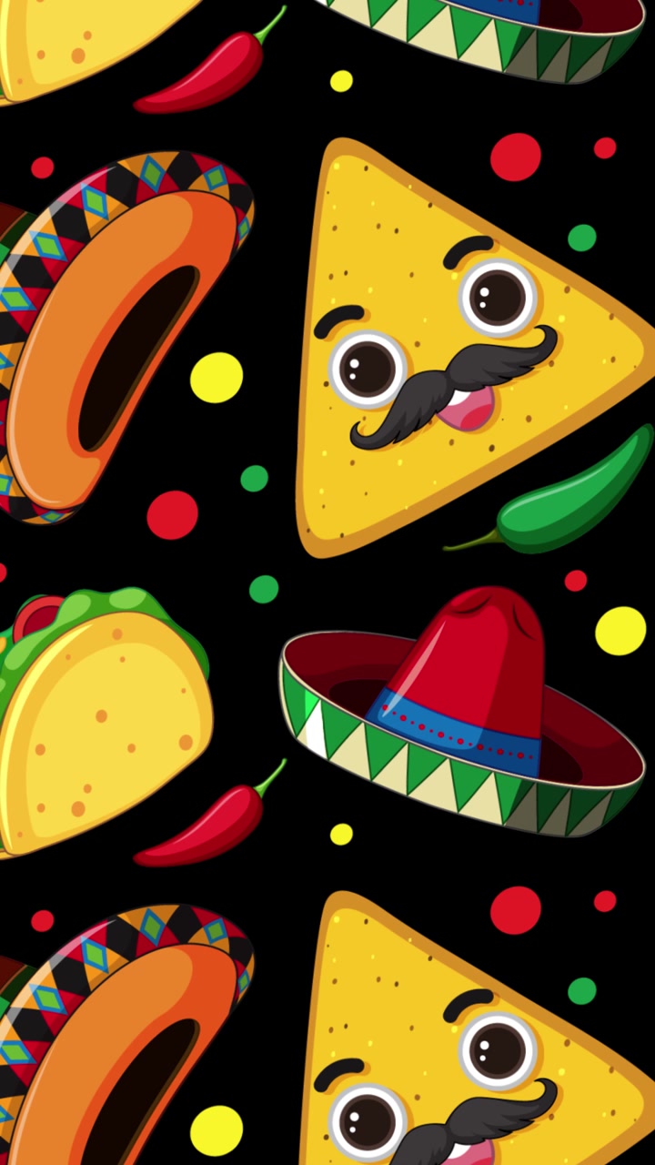 Barevná animace s živými tacos, sombrery a papričkami, s dynamickými přechody pozadí a veselými výrazy.