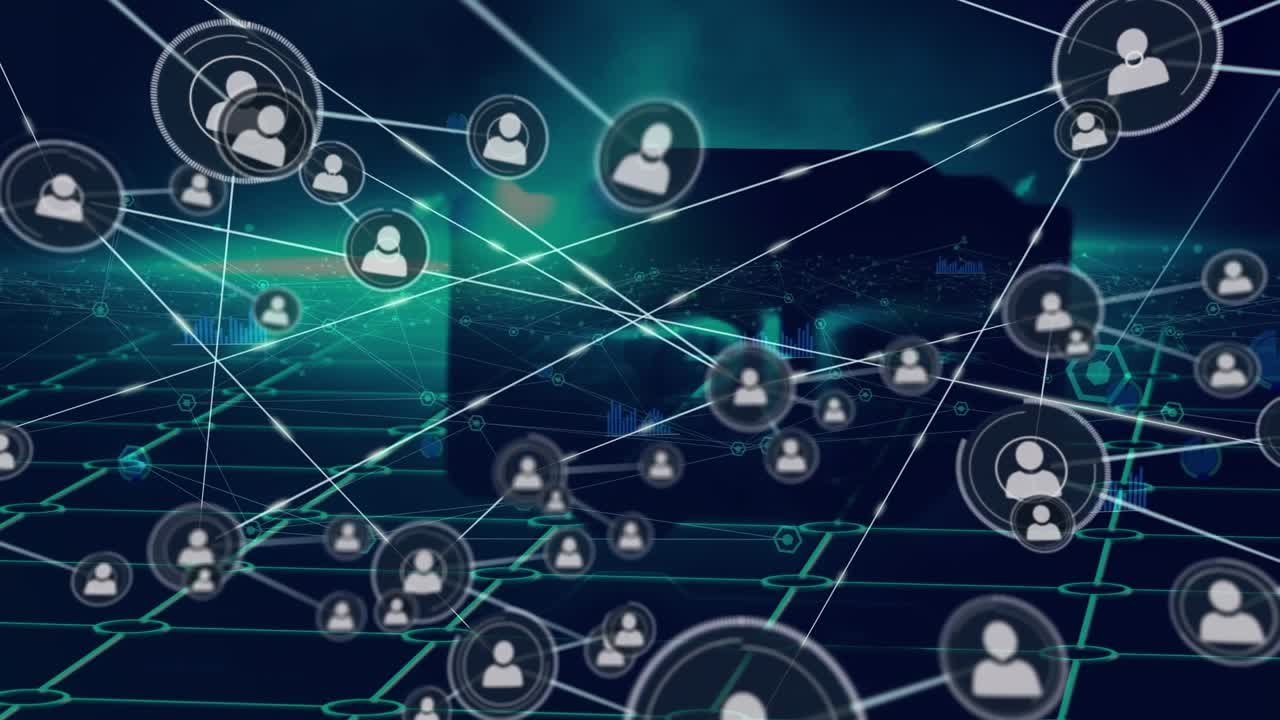 Animation of network of connections with icons on dark background